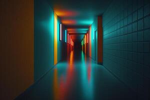 colorful glow light on dark corridor photo