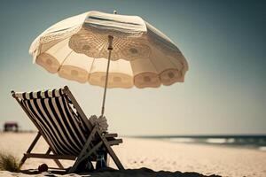 playa silla y un paraguas, verano vacaciones generativo ai foto