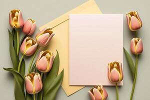 greeting card with tulips and space for text on paper illustration photo