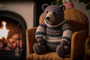 teddy bear by the fireplace cozy atmosphere photo