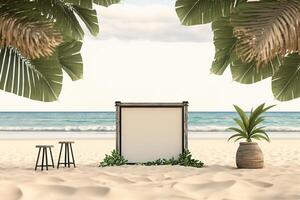 vacío espacio Bosquejo marco con palma hojas en playa arena mar verano antecedentes generativo ai foto