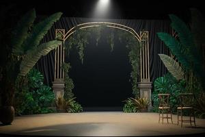 lighting tropical room empty space stage in the middle and palm leaves Generative AI photo