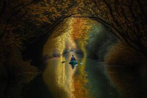 a kayak canoe floats along autumn forest on river photo