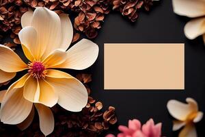 beige flowers on black background greeting card celebration March 8 copy space mockup illustration photo