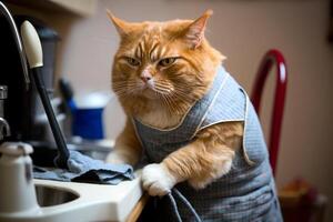 cat cook in an apron cooks in the kitchen photo