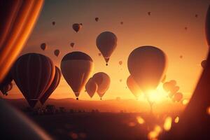 a lot of hot air balloons in the sunset evening sky photo