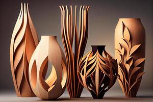 handmade stylish wooden vases, handicraft art in wood illustration photo