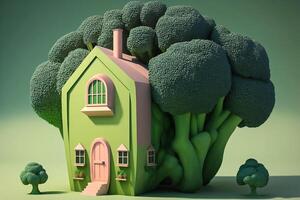 dibujos animados brócoli casa en bosque ilustración generativo ai foto