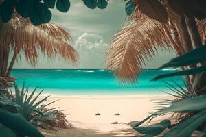 paisaje turquesa playa y palma árbol hojas calentar verano en isla generativo ai foto