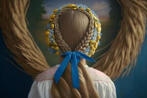 little girl with a braided braid of blue-yellow ribbons a symbol of ukraine photo