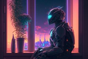 sad robot looks out the window, robotic recognizes emotions illustration photo
