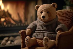 teddy bear in a chair by the fireplace photo