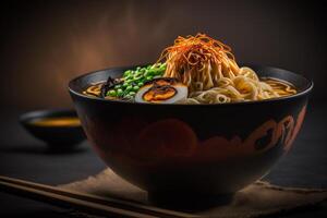 hot steaming ramen in a bowl photo