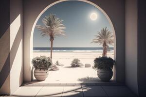 sunny summer beach with palm trees and the sea and the rays of the sun breaking through the arch photo