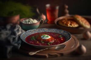 red borscht is a traditional ukrainian dish of ukrainian cuisine illustration photo