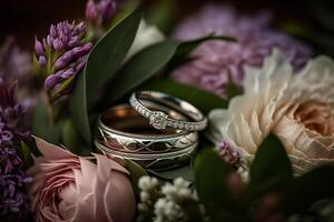 flower bouquet and diamond engagement ring photo