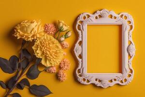 yellow background with flowers and empty space in white frame photo