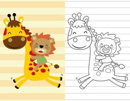 Coloring book or page with lion riding giraffe on striped background vector