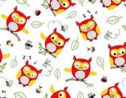 seamless pattern vector of owl cartoon with bugs and leaves