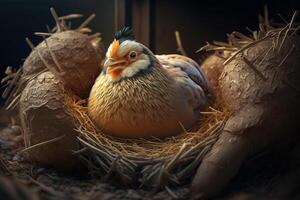 hen in the hayloft in the nest lays eggs illustration photo