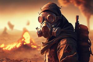 man in a gas protective mask on his face survives in a radiation world illustration photo