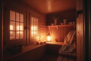 cozy sauna room with wooden bench photo