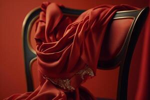 women silk red bathrobe on a chair, romantic scene photo