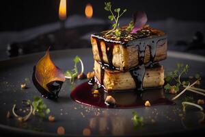 chamuscado foie gras servido con un higo reducción y bálsamo generativo ai foto