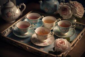 tea ceremony, teapot and ceramic mugs with drink photo