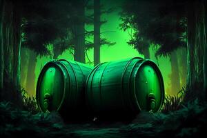 green barrels with toxic radioactive waste in forest, illustration photo