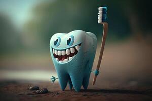 diente gracioso personaje con cepillo de dientes dental cuidado, oral higiene ilustración generativo ai foto