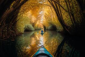a kayak canoe floats along autumn forest on river photo