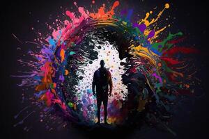 black silhouette of a man in colorful rainbow splash of paint illustration photo