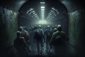 a crowd of zombies in the subway tunnel illustration photo