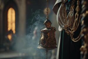 censer hanging on chains with incense smoking photo