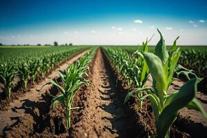 campo con verde coles de joven maíz plantas generativo ai foto