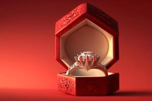 ring with a diamond in a box on a red background photo