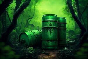 green barrels with toxic radioactive waste in forest, illustration photo