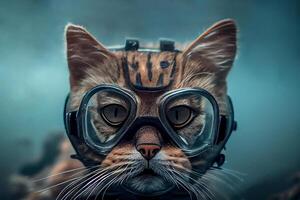 buzo gato nada submarino en un lentes máscara ilustración generativo ai foto