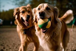 dogs in the park playing with a ball photo