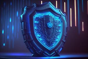 cyber security, guard data protection shield neon blue color illustration photo