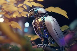 crow robotic cyber bird on tree illustration photo