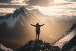 hombre en parte superior de el montaña, lograr éxito metas concepto generativo ai foto