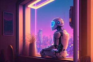 sad robot looks out the window, robotic recognizes emotions illustration photo