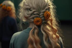 flores en el pelo de un hermosa niña generativo ai foto