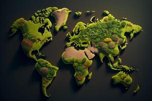 verde musgo cubierto mundo mapa, geografía planeta ilustración generativo ai foto