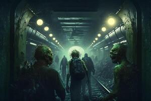 walking zombies in the subway radiation apocalypse illustration photo