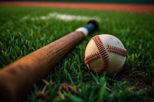 pelota con un béisbol murciélago en el césped generativo ai foto