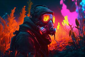 fantasy character in biochemical face mask and glow glasses radiation chemical apocalypse art illustration photo