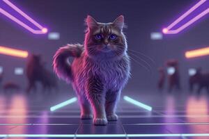 techno cat on the dance floor in purple lights photo